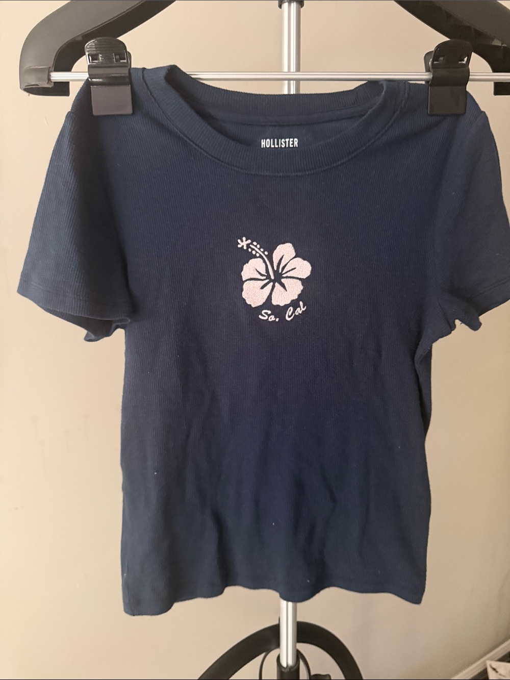 Hollister Navy Tee with Light Pink Hibiscus Graphic